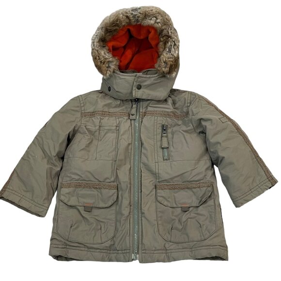 Armani Junior Toddler Boys Hooded Winter Coat 18M Faux Fur Trim Gray & Orange - Picture 1 of 10